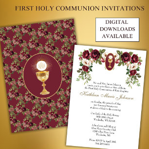 Catholic Elegant Burgundy First Holy Communion Invitation