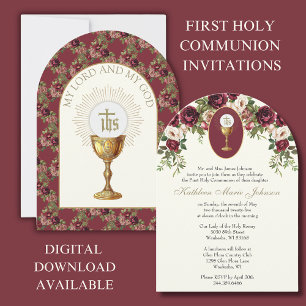Catholic Elegant Burgundy First Holy Communion Invitation