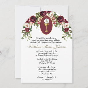 Catholic Elegant Burgundy First Holy Communion Invitation