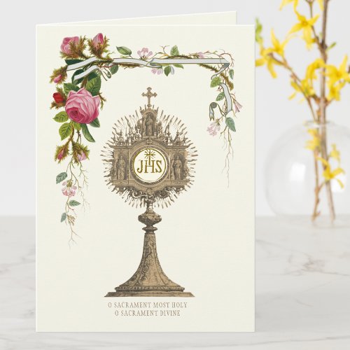 Catholic Eucharistic Host Gold Monstrance Roses Card