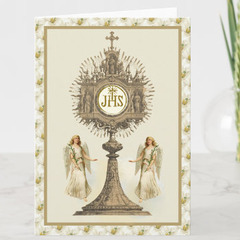 Catholic Eucharistic Host With Angels White Lilies Card by ShowerOfRoses at Zazzle