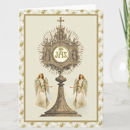 Catholic Eucharistic Host with Angels White Lilies Card