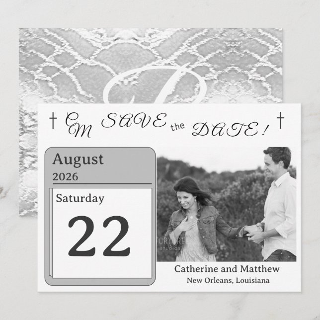 Catholic Faux-Satin Monogrammed Save the Date (Front/Back)