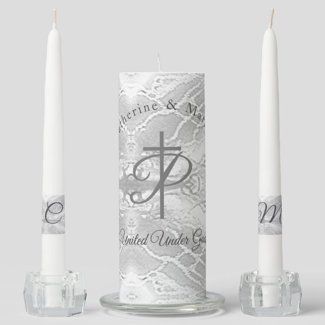 Catholic Faux-Satin Monogrammed  Unity Candle Set (Front)