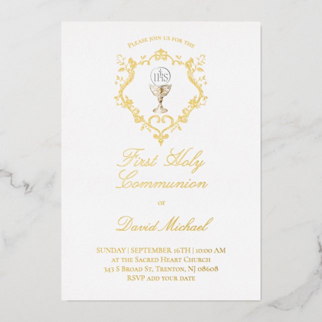 catholic first communion chalice crest foil invitation (Front)
