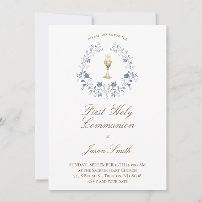catholic first communion chalice elegant blue  invitation (Front)