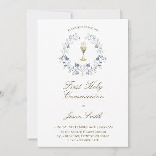 catholic first communion chalice elegant blue invitation
