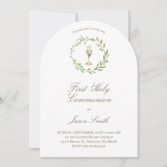 catholic first communion chalice green wreath invitation (Front)