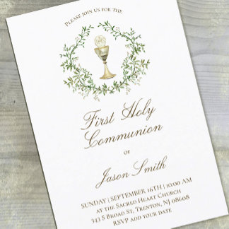 catholic first communion chalice greenery crest invitation