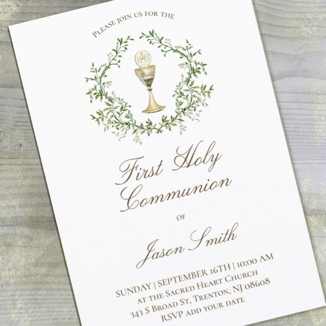 catholic first communion chalice greenery crest invitation (Creator Uploaded)