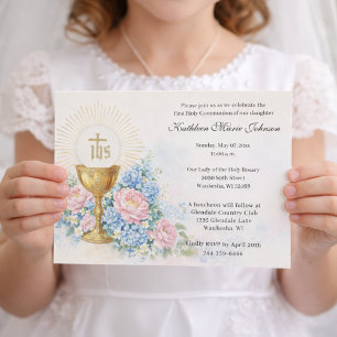 Catholic First Communion Chalice Host Floral Invitation