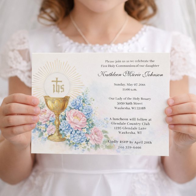Catholic First Communion Chalice Host Floral Invitation (Creator Uploaded)