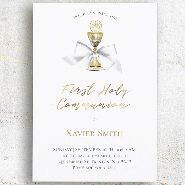 catholic first communion chalice white bow invitation (Creator Uploaded)