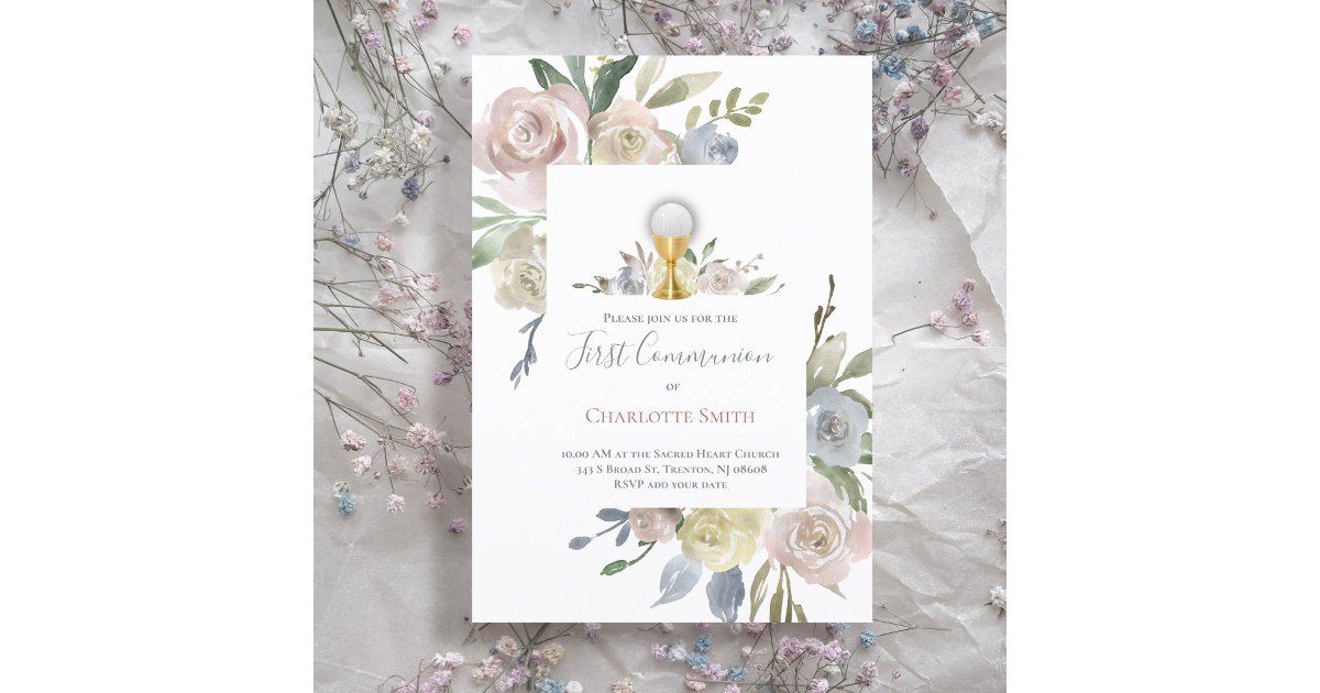 Catholic First Communion delicate flowers bouquets Invitation | Zazzle