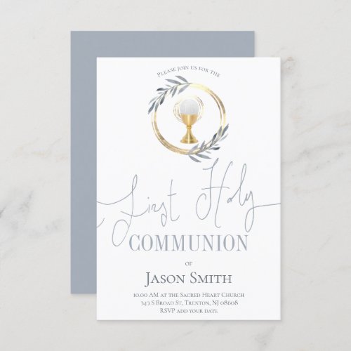 catholic first communion dusty blue and faux gold invitation