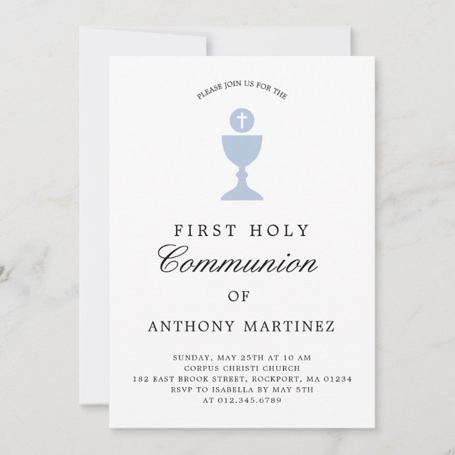 Catholic First Communion Dusty Blue White Invitation (Front)