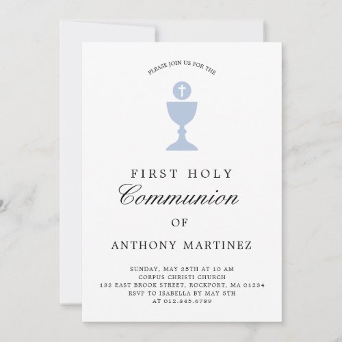 Catholic First Communion Dusty Blue White Invitation