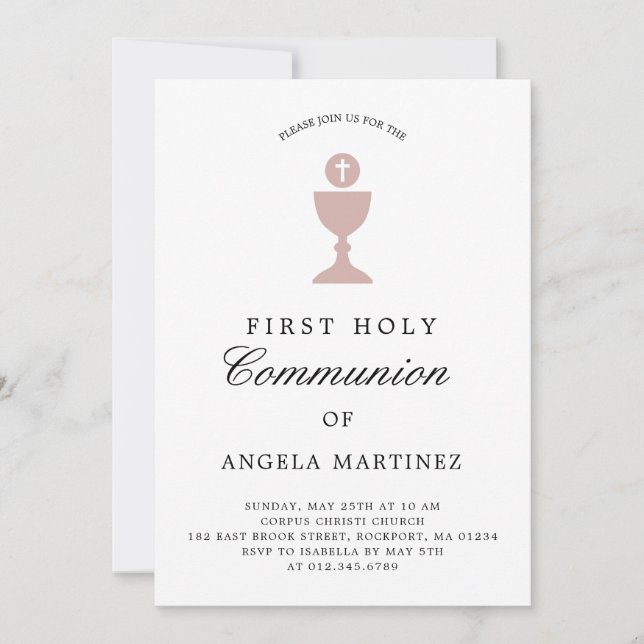 Catholic First Communion Dusty Pink White Invitation (Front)