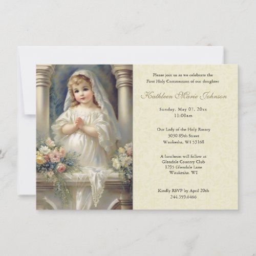 Catholic First Communion Girl Floral  Invitation