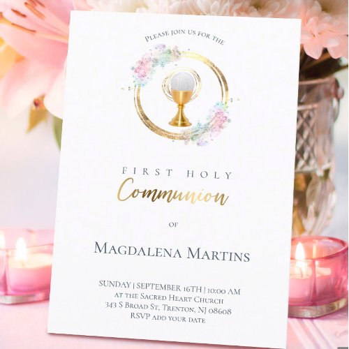 catholic first communion gold circle faux glitter invitation