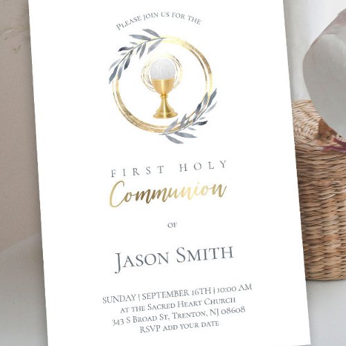 catholic first communion gold circle invitation