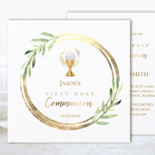 catholic first communion  green leaves invitation
