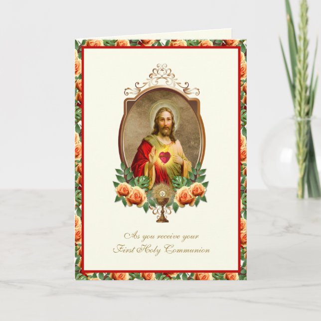 Catholic First Holy Communion Elegant Jesus Roses Card (Front)