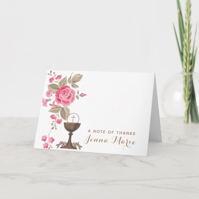 Catholic First Holy Communion Floral Religious Thank You Card (Front)