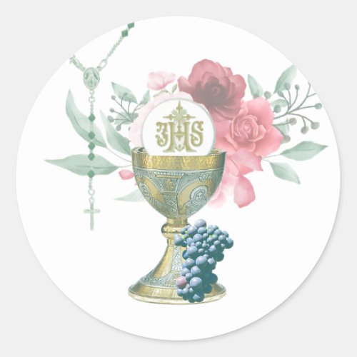 Catholic First Holy Communion Floral Rosary Classic Round Sticker