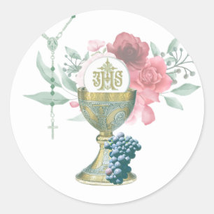 Catholic First Holy Communion Floral Rosary Classic Round Sticker