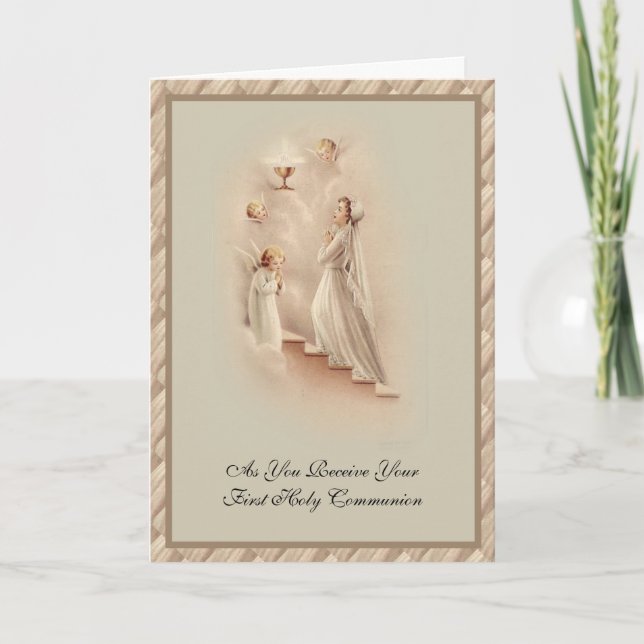 Catholic First Holy Communion for Girl with Angels Holiday Card (Front)