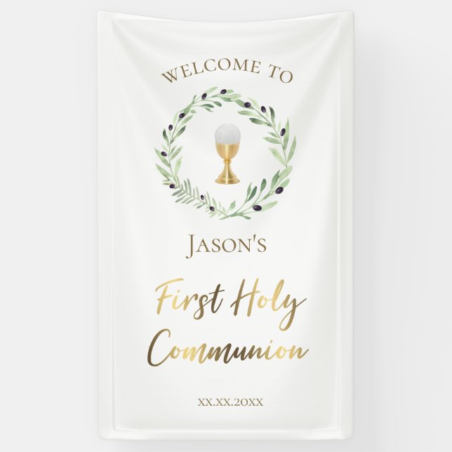 catholic First Holy Communion olive wreath  Banner (Vertical)