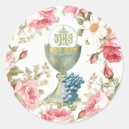 Catholic First Holy Communion pink roses Classic Round Sticker