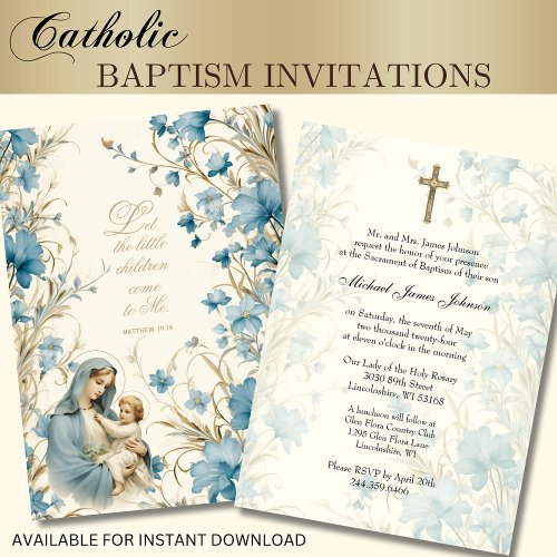 Catholic Floral Baptism Christening Baby Scripture Invitation