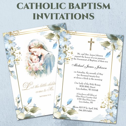 Catholic Floral Baptism Christening Baby Scripture Invitation