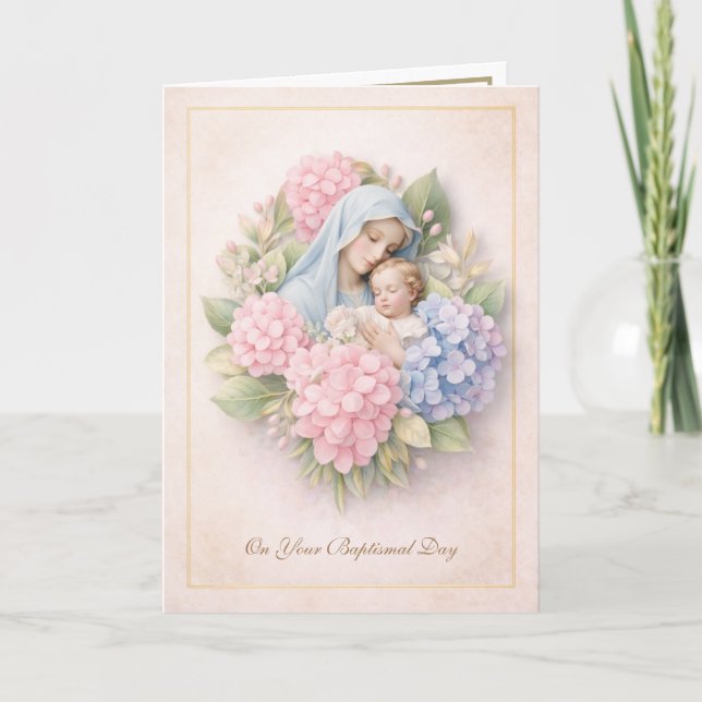 Catholic Floral Baptism Mary Jesus  Card (Front)