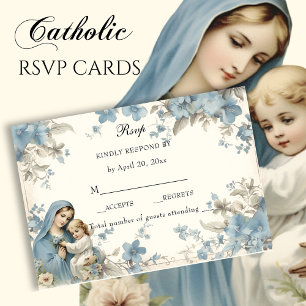 Catholic Floral Blessed Mary Blue Floral  RSVP Card