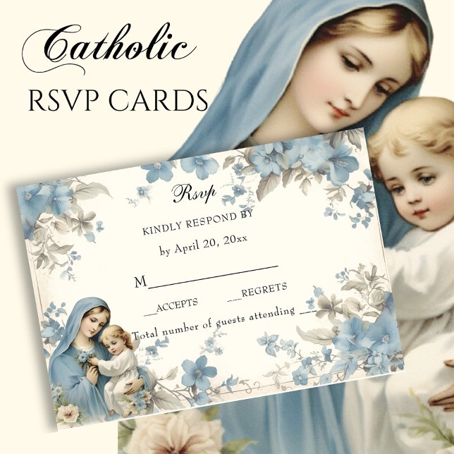 Catholic Floral Blessed Mary Blue Floral  RSVP Card (Creator Uploaded)