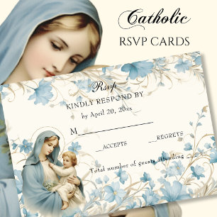 Catholic Floral Blessed Mary Blue Floral RSVP Card