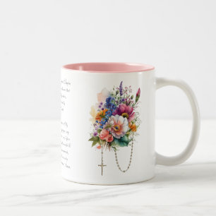Catholic Floral Bouquet Memorare Prayer Rosary Two-Tone Coffee Mug