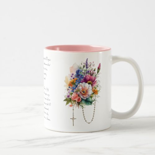 Catholic Floral Bouquet Memorare Prayer Rosary Two_Tone Coffee Mug