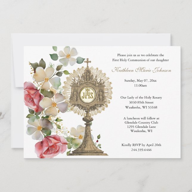Catholic Floral Communion Eucharist Girl Invitation (Front)