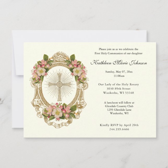 Catholic Floral Cross First Communion Invitations (Front)