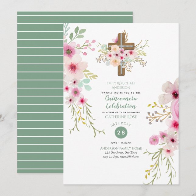 Catholic Floral Cross Quinceanera Invite Sage Pink (Front/Back)