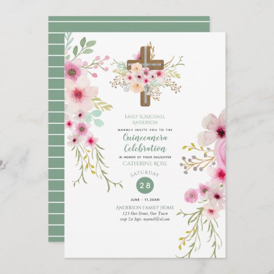 Catholic Floral Cross Quinceanera Invite Sage Pink | Zazzle.com