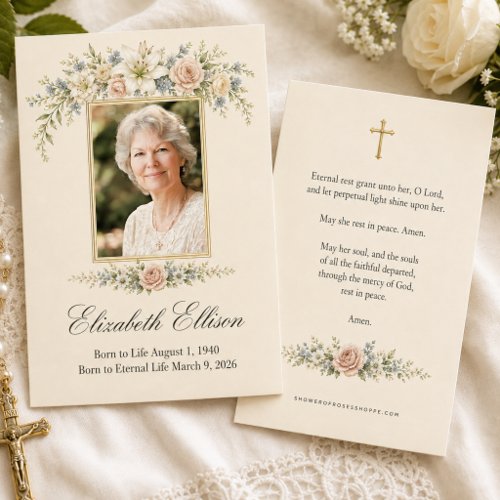 Catholic Floral  Funeral Memorial Photo Prayer Enclosure Card