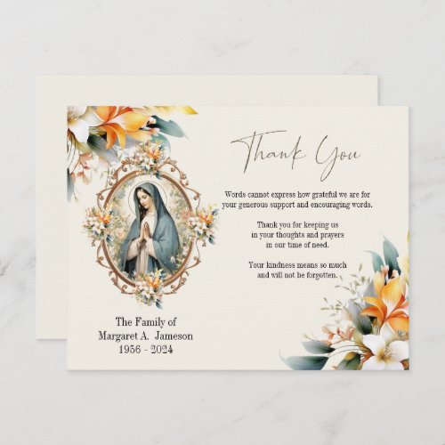 Catholic Floral Mary Funeral Condolence Sympathy Thank You Card