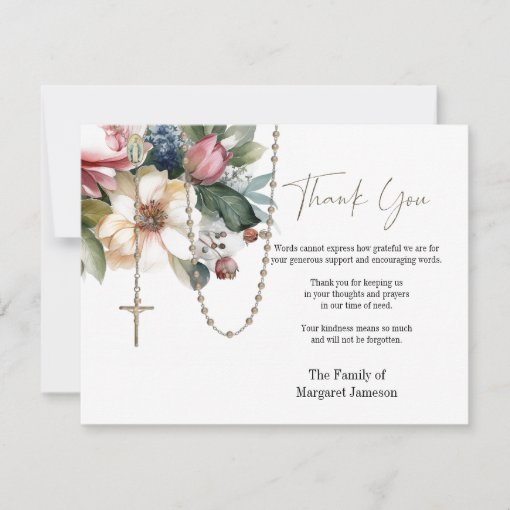 Catholic Floral Rosary Funeral Condolence Sympathy Thank You Card | Zazzle