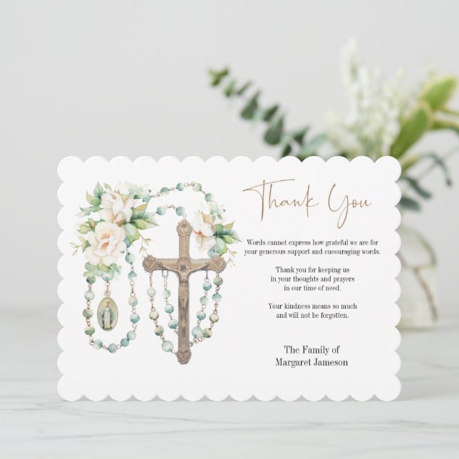 Catholic Floral Rosary Funeral Condolence Sympathy Thank You Card (Standing Front)