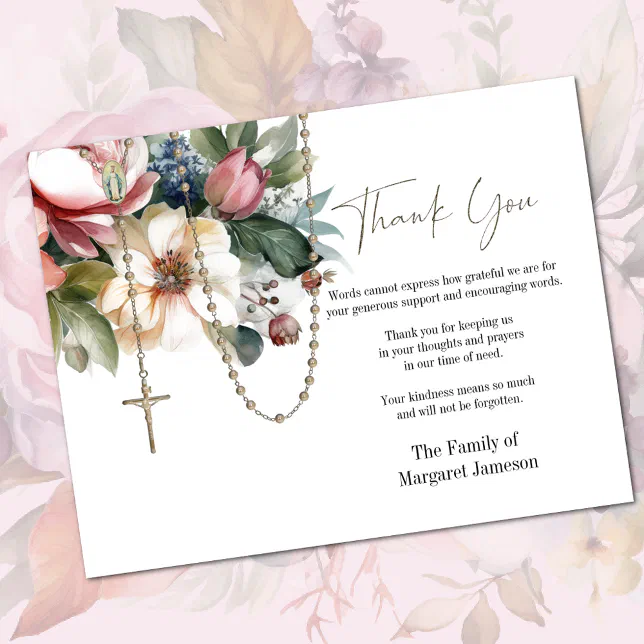 Catholic Floral Rosary Funeral Condolence Sympathy Thank You Card Zazzle